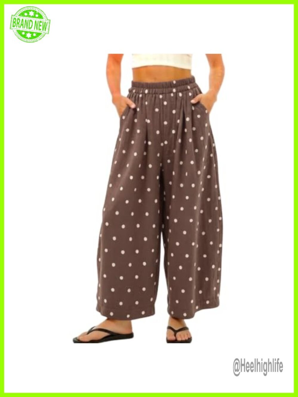 Polka Dot Palazzo Pants Elastic Waist Wide Leg with Pockets